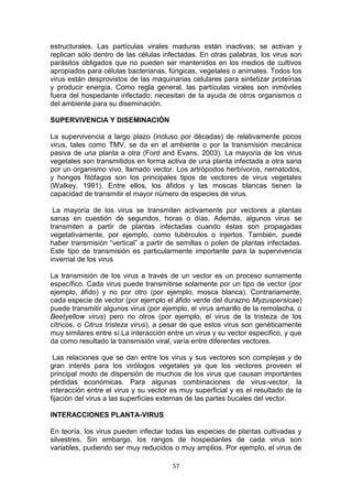 estructurales. Las partículas virales maduras están inactivas; se activan y
replican sólo dentro de las células infectadas. En otras palabras, los virus son
parásitos obligados que no pueden ser mantenidos en los medios de cultivos
apropiados para células bacterianas, fúngicas, vegetales o animales. Todos los
virus están desprovistos de las maquinarias celulares para sintetizar proteínas
y producir energía. Como regla general, las partículas virales son inmóviles
fuera del hospedante infectado; necesitan de la ayuda de otros organismos o
del ambiente para su diseminación.
SUPERVIVENCIA Y DISEMINACIÓN
La supervivencia a largo plazo (incluso por décadas) de relativamente pocos
virus, tales como TMV, se da en el ambiente o por la transmisión mecánica
pasiva de una planta a otra (Ford and Evans, 2003). La mayoría de los virus
vegetales son transmitidos en forma activa de una planta infectada a otra sana
por un organismo vivo, llamado vector. Los artrópodos herbívoros, nematodos,
y hongos fitófagos son los principales tipos de vectores de virus vegetales
(Walkey, 1991). Entre ellos, los áfidos y las moscas blancas tienen la
capacidad de transmitir el mayor número de especies de virus.
La mayoría de los virus se transmiten activamente por vectores a plantas
sanas en cuestión de segundos, horas o días. Además, algunos virus se
transmiten a partir de plantas infectadas cuando éstas son propagadas
vegetativamente, por ejemplo, como tubérculos o injertos. También, puede
haber transmisión “vertical” a partir de semillas o polen de plantas infectadas.
Este tipo de transmisión es particularmente importante para la supervivencia
invernal de los virus
La transmisión de los virus a través de un vector es un proceso sumamente
específico. Cada virus puede transmitirse solamente por un tipo de vector (por
ejemplo, áfido) y no por otro (por ejemplo, mosca blanca). Contrariamente,
cada especie de vector (por ejemplo el áfido verde del durazno Myzuspersicae)
puede transmitir algunos virus (por ejemplo, el virus amarillo de la remolacha, o
Beetyellow virus) pero no otros (por ejemplo, el virus de la tristeza de los
cítricos, o Citrus tristeza virus), a pesar de que estos virus son genéticamente
muy similares entre sí.La interacción entre un virus y su vector especifico, y que
da como resultado la transmisión viral, varía entre diferentes vectores.
Las relaciones que se dan entre los virus y sus vectores son complejas y de
gran interés para los virólogos vegetales ya que los vectores proveen el
principal modo de dispersión de muchos de los virus que causan importantes
pérdidas económicas. Para algunas combinaciones de virus-vector, la
interacción entre el virus y su vector es muy superficial y es el resultado de la
fijación del virus a las superficies externas de las partes bucales del vector.
INTERACCIONES PLANTA-VIRUS
En teoría, los virus pueden infectar todas las especies de plantas cultivadas y
silvestres. Sin embargo, los rangos de hospedantes de cada virus son
variables, pudiendo ser muy reducidos o muy amplios. Por ejemplo, el virus de
57

 