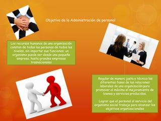 Objetivo de la Administración de personal 
Los recursos humanos de una organización 
constan de todas las personas de todos los 
niveles, sin importar sus funciones; un 
organismo puede ser desde una pequeña 
empresa, hasta grandes empresas 
trasnacionales 
Regular de manera justa y técnica las 
diferentes fases de las relaciones 
laborales de una organización para 
promover al máximo el mejoramiento de 
bienes y servicios producidos. 
Lograr que el personal al servicio del 
organismo social trabaje para alcanzar los 
objetivos organizacionales 
 