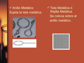  Anillo Metálico           Tela Metálica ó
Sujeta la tela metálica.     Rejilla Metálica
                            Se coloca sobre el
                            anillo metálico.
 