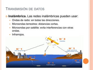 TRANSMISIÓN DE DATOS
   Inalámbrica. Las redes inalámbricas pueden usar:
       Ondas de radio: en todas las direcciones.
       Microondas terrestres: distancias cortas.
       Microondas por satélite: evita interferencias con otras
        ondas.
       Infrarrojos.
 