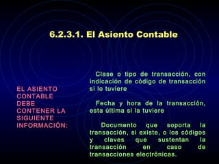 6.2.3.1. El Asiento Contable   -  Clase o tipo de transacción, con indicación de código de transacción si lo tuviere -  Fecha y hora de la transacción, esta última si la tuviere -  Documento que soporta la transacción, si existe, o los códigos y claves que sustentan la transacción en caso de transacciones electrónicas. -  Nombre y código de las cuentas que intervienen  -  Valores débito y crédito que afectan las cuentas que intervienen   EL ASIENTO CONTABLE DEBE CONTENER LA SIGUIENTE INFORMACIÓN: 
