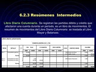 6.2.3 Resúmenes  Intermedios Libro Diario Columnario.   Se registran las partidas débito y crédito que afectaron una cuenta durante un período, es un libro de movimientos. El resumen de movimientos del Libro Diario Columnario  se traslada al Libro Mayor y Balances. 
