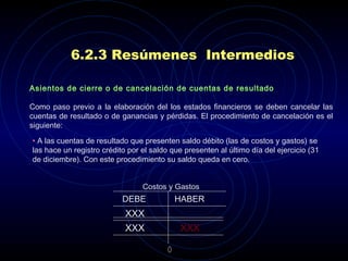 Asientos de cierre o de cancelación de cuentas de resultado   Como paso previo a la elaboración del los estados financieros se deben cancelar las cuentas de resultado o de ganancias y pérdidas. El procedimiento de cancelación es el siguiente:    6.2.3 Resúmenes  Intermedios A las cuentas de resultado que presenten saldo débito (las de costos y gastos) se las hace un registro crédito por el saldo que presenten al último día del ejercicio (31 de diciembre). Con este procedimiento su saldo queda en cero. Costos y Gastos DEBE HABER XXX XXX XXX 