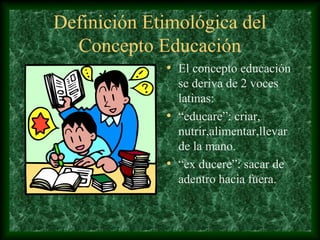 Definición Etimológica del
  Concepto Educación
             • El concepto educación
               se deriva de 2 voces
               latinas:
             • “educare”: criar,
               nutrir,alimentar,llevar
               de la mano.
             • “ex ducere”: sacar de
               adentro hacia fuera.
 