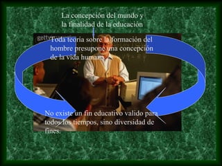 La concepción del mundo y
     la finalidad de la educación

 Toda teoría sobre la formación del
 hombre presupone una concepción
 de la vida humana




No existe un fin educativo valido para
todos los tiempos, sino diversidad de
fines.
 