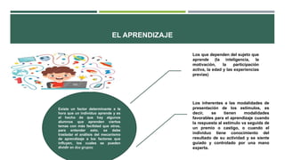 EL APRENDIZAJE
Existe un factor determinante a la
hora que un individuo aprende y es
el hecho de que hay algunos
alumnos que aprenden ciertos
temas con más facilidad que otros,
para entender esto, se debe
trasladar el análisis del mecanismo
de aprendizaje a los factores que
influyen, los cuales se pueden
dividir en dos grupos:
Los que dependen del sujeto que
aprende (la inteligencia, la
motivación, la participación
activa, la edad y las experiencias
previas)
Los inherentes a las modalidades de
presentación de los estímulos, es
decir, se tienen modalidades
favorables para el aprendizaje cuando
la respuesta al estímulo va seguida de
un premio o castigo, o cuando el
individuo tiene conocimiento del
resultado de su actividad y se siente
guiado y controlado por una mano
experta.
 