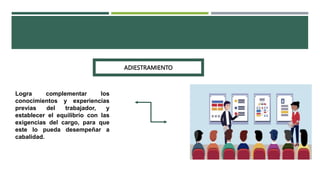Logra complementar los
conocimientos y experiencias
previas del trabajador, y
establecer el equilibrio con las
exigencias del cargo, para que
este lo pueda desempeñar a
cabalidad.
ADIESTRAMIENTO
 