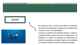 ASESORIA
Se comprende como el servicio que ofrece un profesional
que brinda recomendaciones, sugerencias y consejos sobre
un área en el que se ha especializado.
La tutoría y la asesoría como práctica docente, no suplen a
la docencia frente a grupo, sino que la complementan y la
enriquecen. La tutoría y la asesoría son instrumentos de
cambio, son programas de apoyo integral a los estudiantes
en el campo académico, cultural y de desarrollo humano.
 