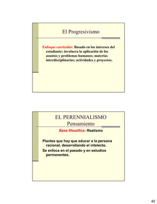 40
El Progresivismo
Enfoque curricular: Basado en los intereses del
estudiante; involucra la aplicación de los
asuntos y problemas humanos; materias
interdisciplinarias; actividades y proyectos.
EL PERENNIALISMO
Pensamiento
Base filosófica: Realismo
Plantea que hay que educar a la persona
racional, desarrollando el intelecto.
Se enfoca en el pasado y en estudios
permanentes.
 