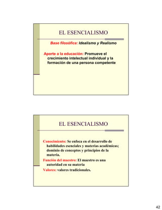 42
EL ESENCIALISMO
Base filosófica: Idealismo y Realismo
Aporte a la educación: Promueve el
crecimiento intelectual individual y la
formación de una persona competente
EL ESENCIALISMO
Conocimiento: Se enfoca en el desarrollo de
habilidades esenciales y materias académicas;
dominio de conceptos y principios de la
materia.
Función del maestro: El maestro es una
autoridad en su materia
Valores: valores tradicionales.
 