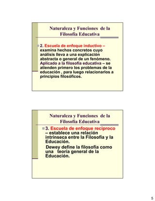 5
Naturaleza y Funciones de la
Filosofía Educativa
2. Escuela de enfoque inductivo –
examina hechos concretos cuyo
análisis lleva a una explicación
abstracta o general de un fenómeno.
Aplicado a la filosofía educativa – se
atienden primero los problemas de la
educación , para luego relacionarlos a
principios filosóficos.
Naturaleza y Funciones de la
Filosofía Educativa
3. Escuela de enfoque recíproco
– establece una relación
intrínseca entre la Filosofía y la
Educación.
Dewey define la filosofía como
una teoría general de la
Educación.
 