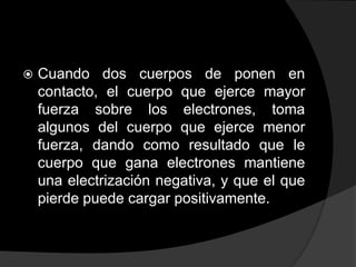 

Cuando dos cuerpos de ponen en
contacto, el cuerpo que ejerce mayor
fuerza sobre los electrones, toma
algunos del cuerpo que ejerce menor
fuerza, dando como resultado que le
cuerpo que gana electrones mantiene
una electrización negativa, y que el que
pierde puede cargar positivamente.

 