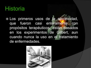 Historia


Los primeros usos de la electricidad,
que fueron casi enteramente con
propósitos terapéuticos, están basados
en los experimentos de Gilbert, aun
cuando nunca la uso en el tratamiento
de enfermedades.

 