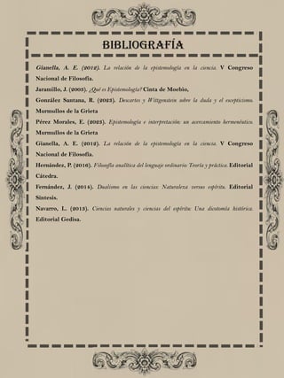 Gianella, A. E. (2012). La relación de la epistemología en la ciencia. V Congreso
Nacional de Filosofía.
Jaramillo, J. (2003). ¿Qué es Epistemología? Cinta de Moebio,
González Santana, R. (2023). Descartes y Wittgenstein sobre la duda y el escepticismo.
Murmullos de la Grieta
Pérez Morales, E. (2023). Epistemología e interpretación: un acercamiento hermenéutico.
Murmullos de la Grieta
Gianella, A. E. (2012). La relación de la epistemología en la ciencia. V Congreso
Nacional de Filosofía.
Hernández, P. (2016). Filosofía analítica del lenguaje ordinario: Teoría y práctica. Editorial
Cátedra.
Fernández, J. (2014). Dualismo en las ciencias: Naturaleza versus espíritu. Editorial
Síntesis.
Navarro, L. (2013). Ciencias naturales y ciencias del espíritu: Una dicotomía histórica.
Editorial Gedisa.
bibliografía
 