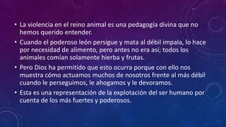 • La violencia en el reino animal es una pedagogía divina que no 
hemos querido entender. 
• Cuando el poderoso león persigue y mata al débil impala, lo hace 
por necesidad de alimento, pero antes no era así; todos los 
animales comían solamente hierba y frutas. 
• Pero Dios ha permitido que esto ocurra porque con ello nos 
muestra cómo actuamos muchos de nosotros frente al más débil 
cuando le perseguimos, le ahogamos y le devoramos. 
• Esta es una representación de la explotación del ser humano por 
cuenta de los más fuertes y poderosos. 
 