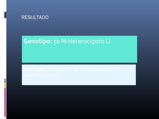 Genotipo: 50 % Heterocigoto Ll
Fenotipo: 50% semilla de forma lisa y 50% de
semillas rugosas.
RESULTADO
 