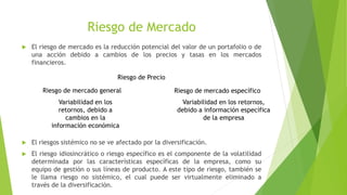 Riesgo de Mercado
 El riesgo de mercado es la reducción potencial del valor de un portafolio o de
una acción debido a cambios de los precios y tasas en los mercados
financieros.
 El riesgos sistémico no se ve afectado por la diversificación.
 El riesgo idiosincrático o riesgo específico es el componente de la volatilidad
determinada por las características específicas de la empresa, como su
equipo de gestión o sus líneas de producto. A este tipo de riesgo, también se
le llama riesgo no sistémico, el cual puede ser virtualmente eliminado a
través de la diversificación.
Riesgo de Precio
Riesgo de mercado general Riesgo de mercado específico
Variabilidad en los
retornos, debido a
cambios en la
información económica
Variabilidad en los retornos,
debido a información específica
de la empresa
 
