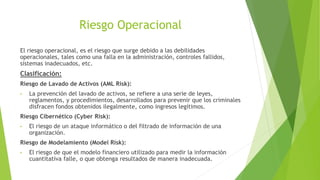 Riesgo Operacional
El riesgo operacional, es el riesgo que surge debido a las debilidades
operacionales, tales como una falla en la administración, controles fallidos,
sistemas inadecuados, etc.
Clasificación:
Riesgo de Lavado de Activos (AML Risk):
• La prevención del lavado de activos, se refiere a una serie de leyes,
reglamentos, y procedimientos, desarrollados para prevenir que los criminales
disfracen fondos obtenidos ilegalmente, como ingresos legítimos.
Riesgo Cibernético (Cyber Risk):
• El riesgo de un ataque informático o del filtrado de información de una
organización.
Riesgo de Modelamiento (Model Risk):
• El riesgo de que el modelo financiero utilizado para medir la información
cuantitativa falle, o que obtenga resultados de manera inadecuada.
 