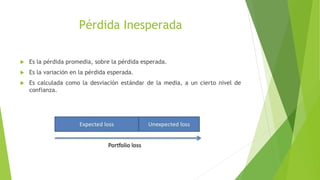 Pérdida Inesperada
 Es la pérdida promedia, sobre la pérdida esperada.
 Es la variación en la pérdida esperada.
 Es calculada como la desviación estándar de la media, a un cierto nivel de
confianza.
 