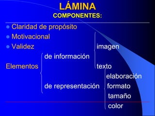 LÁMINA
              COMPONENTES:
 Claridad de propósito
 Motivacional
 Validez                    imagen
            de información
Elementos                  texto
                              elaboración
           de representación formato
                               tamaño
                               color
 