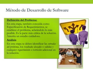 Método de Desarrollo de Software
• Definición del Problema:
• En esta etapa, también conocida como
Especificación de Requerimientos, se
establece el problema, aclarándolo lo más
posible. Es la parte más crítica de la solución.
Amerita un estudio cuidadoso.
• Análisis
• En esta etapa se deben identificar las entradas
del problema, los resultados deseados o salidas y
cualquier requerimiento o restricción adicional en
la solución.
 