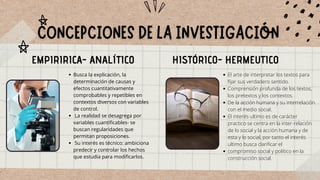 EMPIRIRICA- ANALÍTICO HISTÓRICO- HERMEUTICO
Busca la explicación, la
determinación de causas y
efectos cuantitativamente
comprobables y repetibles en
contextos diversos con variables
de control.
La realidad se desagrega por
variables cuantificables- se
buscan regularidades que
permitan proposiciones.
Su interés es técnico: ambiciona
predecir y controlar los hechos
que estudia para modificarlos.
El arte de interpretar los textos para
fijar sus verdadero sentido.
Comprensión profunda de los textos,
los pretextos y los contextos.
De la acción humana y su interrelación
con el medio social.
El interés ultimo es de carácter
practico se centra en la inter-relación
de lo social y la acción humana y de
esta y lo social, por tanto el interés
ultimo busca clarificar el
compromiso social y político en la
construcción social.
 