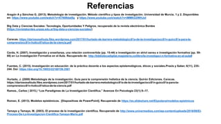Aragón A y Sánchez G. (2013). Metodología de investigación. Método científico y tipos de investigación. Universidad de Murcia. 1 y 2. Disponibles
en: https://www.youtube.com/watch?v=X7N0lIdat9g y https://www.youtube.com/watch?v=iMMKO2WHJoI
Big Data y Ciencias Sociales: Tecnología, Oportunidades Y Peligros, recuperado de la revista electrónica Bordes
(https://revistabordes.unpaz.edu.ar/big-data-y-ciencias-sociales/)
Caracas. https://dariososafoula.files.wordpress.com/2017/01/hurtado-de-barrera-metodologicc81a-de-la-investigaciocc81n-guicc81a-para-la-
comprensiocc81n-holicc81stica-de-la-ciencia.pdf
Cerda, H. (2007). Investigación y enseñanza, una relación controvertida (pp. 15-44) e investigación en strict sensu e investigación formativa (pp. 59-
68) en La investigación Formativa en el Aula. Recuperado de: http://bibliotecadigital.magisterio.co/libro/la-investigaci-n-formativa-en-el-aula#
Fuentes, C. (2015). Investigación en educación: de la práctica docente a los aspectos epistemológicos, éticos y sociales.Praxis y Saber, 6(11), 235-
244. Doi: https://doi.org/10.19053/22160159.3581
Hurtado, J. (2000) Metodología de la investigación. Guía para la comprensión holística de la ciencia. Quirón Ediciones. Caracas.
https://dariososafoula.files.wordpress.com/2017/01/hurtado-de-barrera-metodologicc81a-de-la-investigaciocc81n-guicc81a-para-la-
comprensiocc81n-holicc81stica-de-la-ciencia.pdf
Ramos., Carlos ( 2015.) “Los Paradigmas de La Investigación Científica.” Avances En Psicología 23(1):9–17.
Roman, E. (2013). Modelos epistémicos. [Diapositivas de PowerPoint]. Recuperado de https://es.slideshare.net/Elyzolana/modelos-epistmicos
Tamayo y Tamayo, M. (2003). El proceso de la investigación científica. Recuperado de http://www.univermedios.com/wp-content/uploads/2018/08/El-
Proceso-De-La-Investigacion-Cientifica-Tamayo-Mario.pdf
Referencias
 