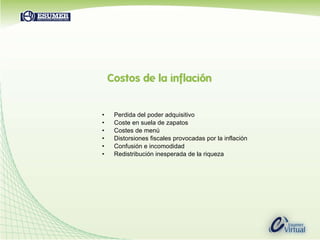 Perdida del poder adquisitivo Coste en suela de zapatos Costes de menú Distorsiones fiscales provocadas por la inflación Confusión e incomodidad   Redistribución inesperada de la riqueza 