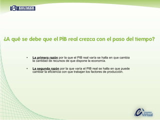 La primera razón   por la que el PIB real varía se halla en que cambia la cantidad de recursos de que dispone la economía. La segunda razón   por la que varía el PIB real se halla en que puede cambiar la eficiencia con que trabajan los factores de producción.   