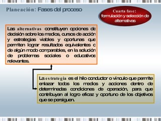 Planeación:  Fases del proceso   Las  alternativas  constituyen opciones de decisión sobre los medios, cursos de acción y estrategias viables y oportunas que permiten lograr resultados equivalentes o de algún modo comparables, en la solución de problemas sociales o educativos relevantes. La  estrategia  es el hilo conductor o vínculo que permite enlazar todos los medios y acciones dentro de determinadas condiciones de operación, para que contribuyan al logro eficaz y oportuno de los objetivos que se persiguen. Cuarta fase :  formulación y selección de alternativas 