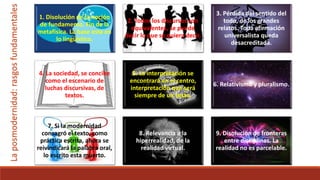 1. Disolución de la noción
de fundamento. Fin de la
metafísica. La base esta en
lo lingüístico.
2. Todos los discursos son
equivalentes, se puede
decir lo que se quiera decir.
3. Pérdida del sentido del
todo, de los grandes
relatos. Toda afirmación
universalista queda
desacreditada.
4. La sociedad, se concibe
como el escenario de
luchas discursivas, de
textos.
5. La interpretación se
encontrará en el centro,
interpretación que será
siempre de un texto.
6. Relativismo y pluralismo.
7. Si la modernidad
consagró el texto, como
práctica escrita, ahora se
reivindicará la palabra oral,
lo escrito esta muerto.
8. Relevancia a la
hiperrealidad, de la
realidad virtual.
9. Disolución de fronteras
entre disciplinas. La
realidad no es parcelable.
Laposmodernidad:rasgosfundamentales
 