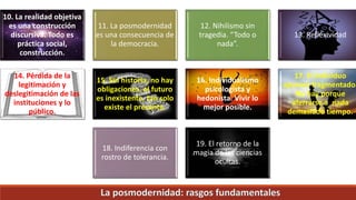 10. La realidad objetiva
es una construcción
discursiva. Todo es
práctica social,
construcción.
11. La posmodernidad
es una consecuencia de
la democracia.
12. Nihilismo sin
tragedia. “Todo o
nada”.
13. Reflexividad
14. Pérdida de la
legitimación y
deslegitimación de las
instituciones y lo
público.
15. Sin historia, no hay
obligaciones, el futuro
es inexistente, tan solo
existe el presente.
16. Individualismo
psicologista y
hedonista. Vivir lo
mejor posible.
17. El individuo
aparece fragmentado.
No hay porque
aferrarse a nada
demasiado tiempo.
18. Indiferencia con
rostro de tolerancia.
19. El retorno de la
magia de las ciencias
ocultas.
 