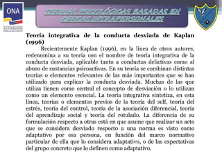 Teoría integrativa de la conducta desviada de Kaplan
(1996)
Recientemente Kaplan (1996), en la línea de otros autores,
redenomina a su teoría con el nombre de teoría integrativa de la
conducta desviada, aplicable tanto a conductas delictivas como al
abuso de sustancias psicoactivas. En su teoría se combinan distintas
teorías o elementos relevantes de las más importantes que se han
utilizado para explicar la conducta desviada. Muchas de las que
utiliza tienen como central el concepto de desviación o lo utilizan
como un elemento esencial. La teoría integrativa sintetiza, en esta
línea, teorías o elementos previos de la teoría del self, teoría del
estrés, teoría del control, teoría de la asociación diferencial, teoría
del aprendizaje social y teoría del rotulado. La diferencia de su
formulación respecto a otras está en que asume que realizar un acto
que se considera desviado respecto a una norma es visto como
adaptativo por esa persona, en función del marco normativo
particular de ella que lo considera adaptativo, o de las expectativas
del grupo concreto que lo definen como adaptativo.
 