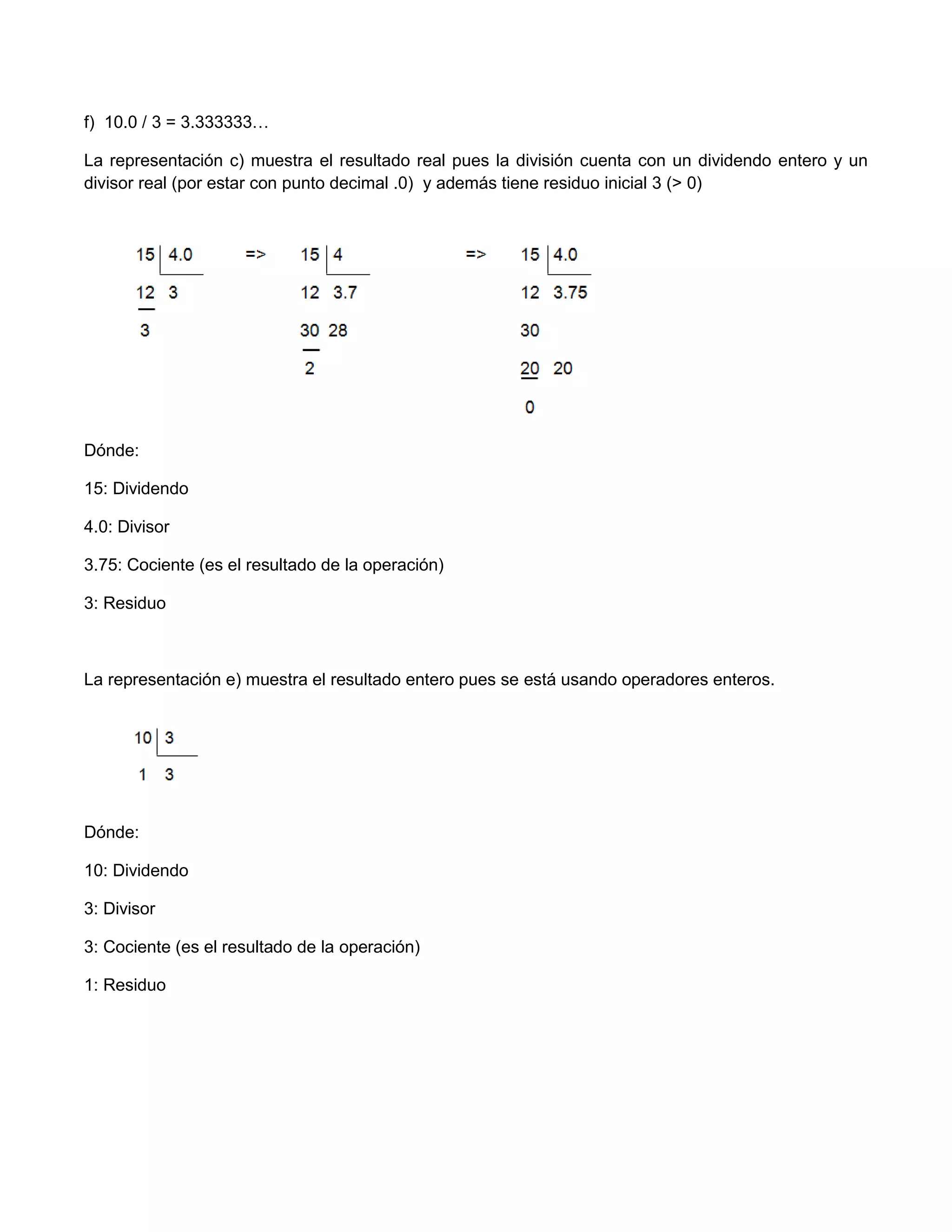 f) 10.0 / 3 = 3.333333…

La representación c) muestra el resultado real pues la división cuenta con un dividendo entero y un
divisor real (por estar con punto decimal .0) y además tiene residuo inicial 3 (> 0)




Dónde:

15: Dividendo

4.0: Divisor

3.75: Cociente (es el resultado de la operación)

3: Residuo



La representación e) muestra el resultado entero pues se está usando operadores enteros.




Dónde:

10: Dividendo

3: Divisor

3: Cociente (es el resultado de la operación)

1: Residuo
 