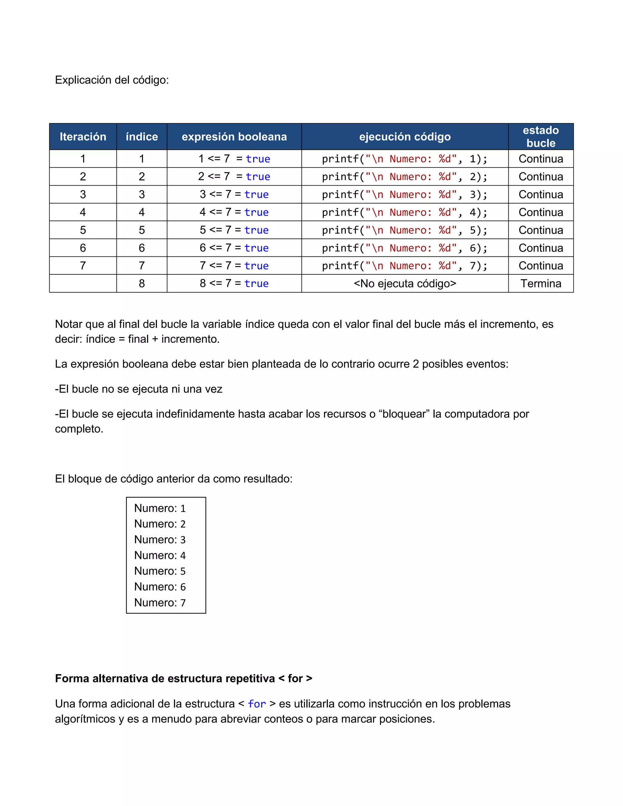 Explicación del código:



                                                                                                 estado
Iteración     índice      expresión booleana                   ejecución código
                                                                                                  bucle
     1           1           1 <= 7 = true             printf("n Numero: %d", 1);              Continua
     2           2           2 <= 7 = true             printf("n Numero: %d", 2);              Continua
     3           3            3 <= 7 = true            printf("n Numero: %d", 3);              Continua
     4           4            4 <= 7 = true            printf("n Numero: %d", 4);              Continua
     5           5            5 <= 7 = true            printf("n Numero: %d", 5);              Continua
     6           6            6 <= 7 = true            printf("n Numero: %d", 6);              Continua
     7           7            7 <= 7 = true            printf("n Numero: %d", 7);              Continua
                 8            8 <= 7 = true                   <No ejecuta código>                Termina


Notar que al final del bucle la variable índice queda con el valor final del bucle más el incremento, es
decir: índice = final + incremento.

La expresión booleana debe estar bien planteada de lo contrario ocurre 2 posibles eventos:

-El bucle no se ejecuta ni una vez

-El bucle se ejecuta indefinidamente hasta acabar los recursos o “bloquear” la computadora por
completo.



El bloque de código anterior da como resultado:

                Numero: 1
                Numero: 2
                Numero: 3
                Numero: 4
                Numero: 5
                Numero: 6
                Numero: 7




Forma alternativa de estructura repetitiva < for >

Una forma adicional de la estructura < for > es utilizarla como instrucción en los problemas
algorítmicos y es a menudo para abreviar conteos o para marcar posiciones.
 