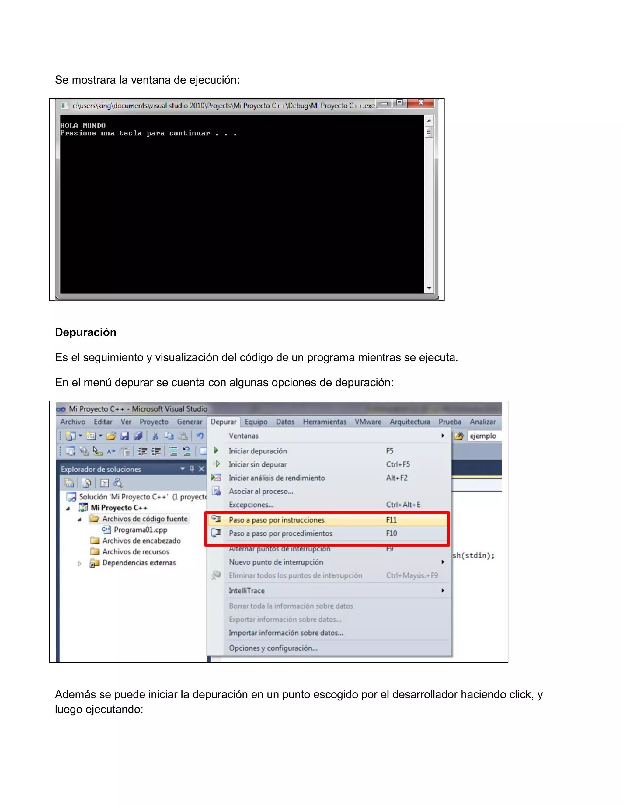 Se mostrara la ventana de ejecución:




Depuración

Es el seguimiento y visualización del código de un programa mientras se ejecuta.

En el menú depurar se cuenta con algunas opciones de depuración:




Además se puede iniciar la depuración en un punto escogido por el desarrollador haciendo click, y
luego ejecutando:
 