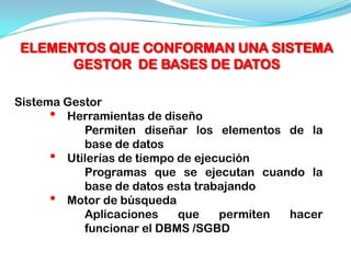 ELEMENTOS QUE CONFORMAN UNA SISTEMA
      GESTOR DE BASES DE DATOS

Sistema Gestor
      • Herramientas de diseño
           Permiten diseñar los elementos de la
           base de datos
      • Utilerías de tiempo de ejecución
           Programas que se ejecutan cuando la
           base de datos esta trabajando
      • Motor de búsqueda
           Aplicaciones     que    permiten hacer
           funcionar el DBMS /SGBD
 