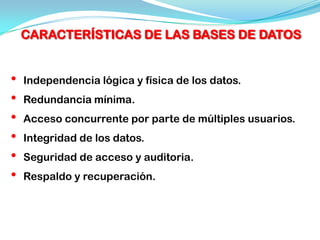 CARACTERÍSTICAS DE LAS BASES DE DATOS


•   Independencia lógica y física de los datos.
•   Redundancia mínima.
•   Acceso concurrente por parte de múltiples usuarios.
•   Integridad de los datos.
•   Seguridad de acceso y auditoria.
•   Respaldo y recuperación.
 
