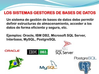 Un sistema de gestión de bases de datos debe permitir
definir estructuras de almacenamiento, acceder a los
datos de forma eficiente y segura, etc.
Ejemplos: Oracle, IBM DB2, Microsoft SQL Server,
Interbase, MySQL, PostgreSQL…
LOS SISTEMAS GESTORES DE BASES DE DATOS
 