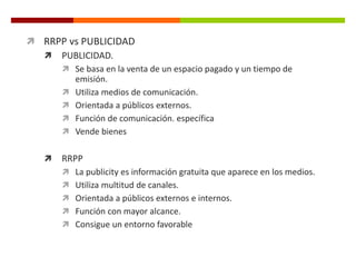 RRPP vs PUBLICIDAD
 PUBLICIDAD.
 Se basa en la venta de un espacio pagado y un tiempo de
emisión.
 Utiliza medios de comunicación.
 Orientada a públicos externos.
 Función de comunicación. específica
 Vende bienes
 RRPP
 La publicity es información gratuita que aparece en los medios.
 Utiliza multitud de canales.
 Orientada a públicos externos e internos.
 Función con mayor alcance.
 Consigue un entorno favorable
 