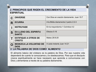 2. PRINCIPIOS QUE RIGEN EL CRECIMIENTO DE LA VIDA
ESPIRITUAL
3. LA PALABRA DE DIOS COMO ALIMENTO
El alimento básico del cristiano es la palabra de Dios. Por eso nuestra vida
dependerá de cuanto la conozcamos y la obedezcamos. Para que el discípulo
crezca espiritualmente se hace necesario que aprenda a comunicarse con
Dios y alimentarse a través de su palabra diariamente.
C ONVERSE Con Dios en oración diariamente Juan 15:7
R ECURRA A la Biblia diariamente 2 pedro 2:2-3
I NSTRUYASE En la mayordomía 1 Corintios 4:2
S EA LLENO DEL ESPIRITU
SANTO
Efesios 5:18
T ESTIFIQUE A OTROS DE
CRISTO
Mateo 28:8-20
O BEDEZCA LA VOLUNTAD DE
DIOS
A cada instante Juan 14:21
 