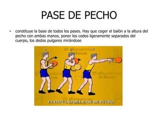 PASE DE PECHO
• constituye la base de todos los pases. Hay que coger el balón a la altura del
pecho con ambas manos, poner los codos ligeramente separados del
cuerpo, los dedos pulgares mirándose
 