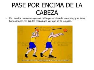 PASE POR ENCIMA DE LA
CABEZA
• Con las dos manos se sujeta el balón por encima de la cabeza, y se lanza
hacia delante con las dos manos a la vez que se da un paso.
 