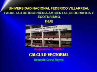 UNIVERSIDAD NACIONAL FEDERICO VILLARREAL
FACULTAD DE INGENIERIA AMBIENTAL,GEOGRAFICA Y
ECOTURISMO
FIGAE
Asignatura : FISICA I
CALCULO VECTORIAL
Demetrio Ccesa Rayme
 