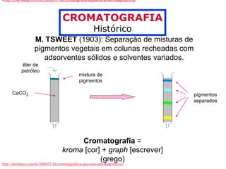 •http://chemkeys.com/br/2000/07/18/cromatografia-a-gas-curso-em-diapositivos/ 
CROMATOGRAFIA 
Histórico 
M. TSWEET (1903): Separação de misturas de 
pigmentos vegetais em colunas recheadas com 
adsorventes sólidos e solventes variados. 
éter de 
petróleo 
CaCO3 
mistura de 
pigmentos 
pigmentos 
separados 
Cromatografia = 
kroma [cor] + graph [escrever] 
(grego) 
http://chemkeys.com/br/2000/07/18/cromatografia-a-gas-curso-em-diapositivos/ 
 