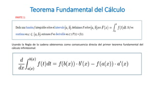 Teorema Fundamental del Cálculo
Usando la Regla de la cadena obtenemos como consecuencia directa del primer teorema fundamental del
cálculo infinitesimal:
PARTE 1:
 