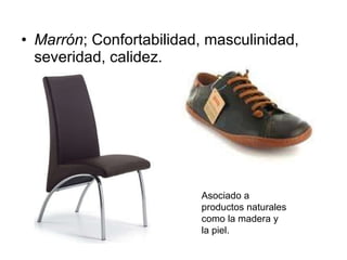 Marrón ; Confortabilidad, masculinidad, severidad, calidez. Asociado a productos naturales como la madera y la piel. 