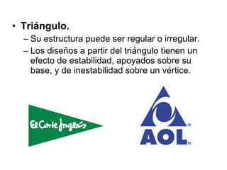 Triángulo. Su estructura puede ser regular o irregular. Los diseños a partir del triángulo tienen un efecto de estabilidad, apoyados sobre su base, y de inestabilidad sobre un vértice. 