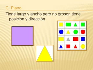 C. Plano
Tiene largo y ancho pero no grosor, tiene
  posición y dirección
 