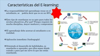 Características del E-learning:
La responsabilidad del aprendizaje recae en el
estudiante, se podría decir que es en un 80%.
Este tipo de enseñanza no es apto para todos los
niveles educativos ¿Por qué? Porque requiere de
mucha disciplina, mayor madurez y compromiso.
El aprendizaje debe acercar al estudiante a su
realidad.
Aplicación inmediata (Andragogía).
Orientado al desarrollo de habilidades, es
enseñarles a aprender, que ellos sepan dónde
cuándo y para qué me sirve lo que me están
enseñando.
 